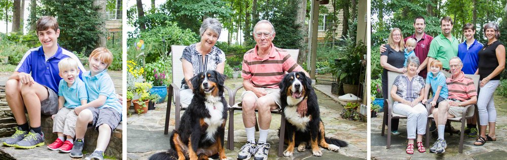 family portraits with grandparents, grandkids, and dogs on the porch