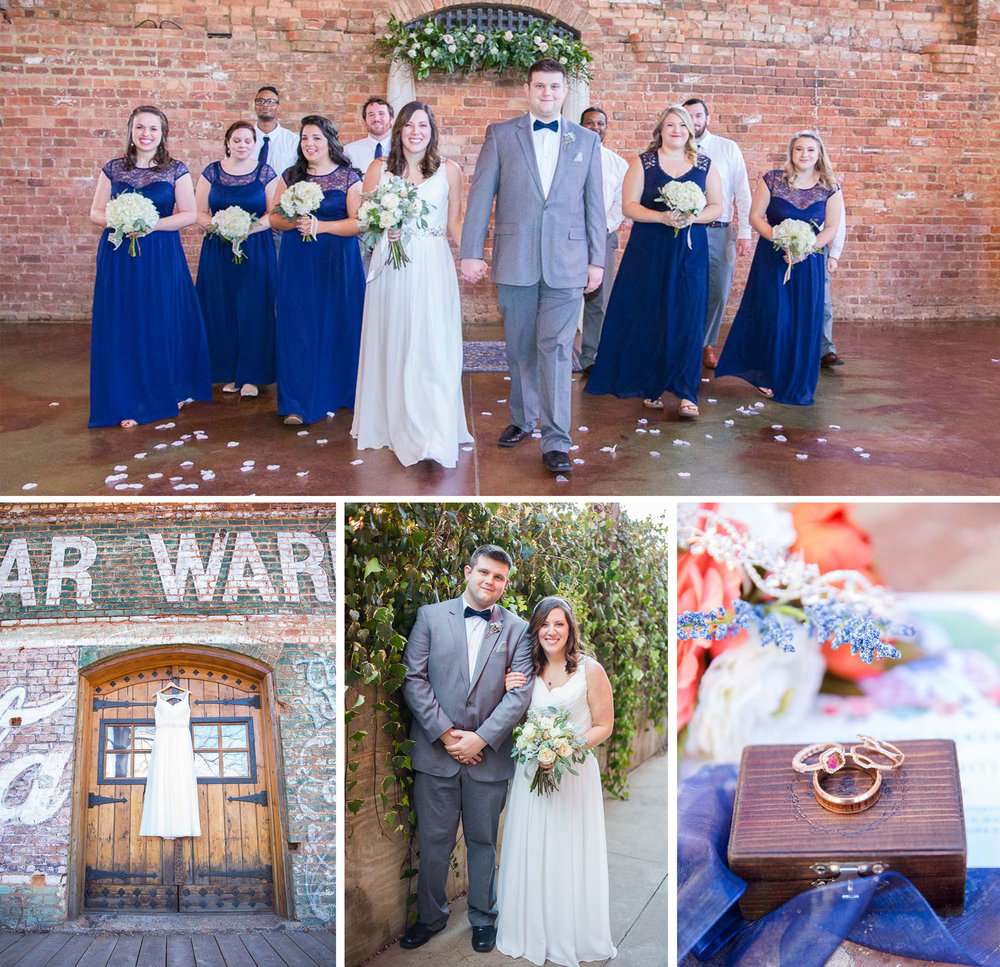 Classic wedding at the old cigar warehouse. Bride and groom standing at the alter with bridal party