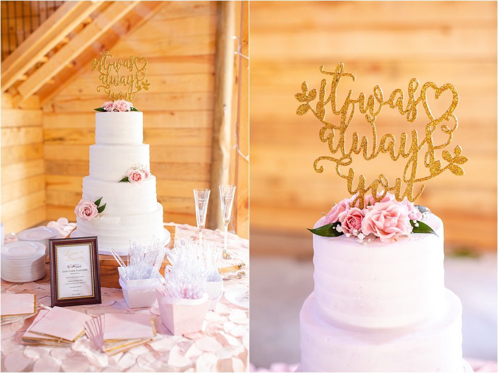 a white wedding cake with pink flowers on it with a wedding topper - katie jaynes wedding photography 