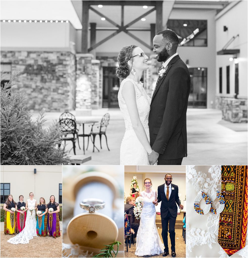 A collage of pictures with a kenyan groom and an american bride at a church in central, sc