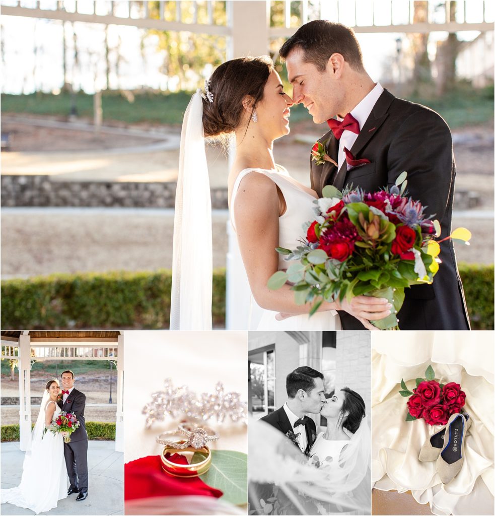 Collage of bride and groom recently married under a gazebo. Bride is holding red flowers. Greer SC wedding | Greenville SC wedding photographer