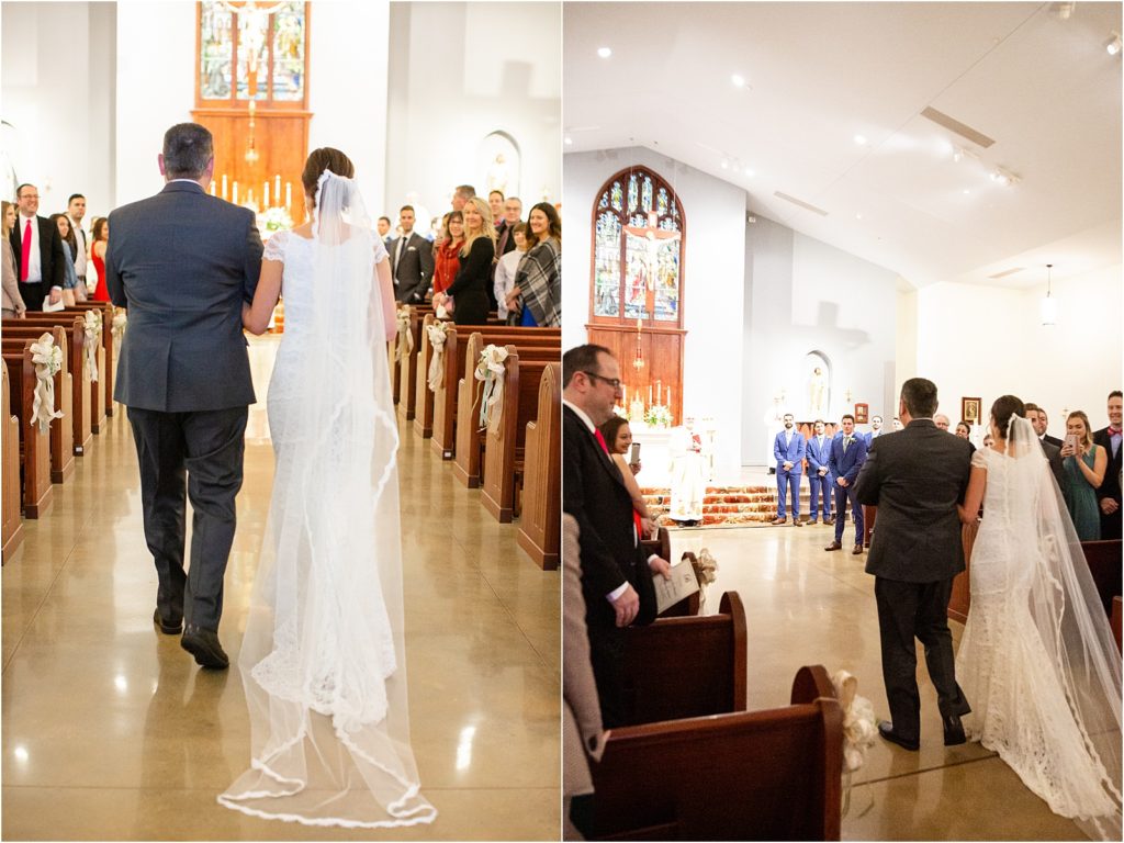Bride in wedding dress walks down church aisle