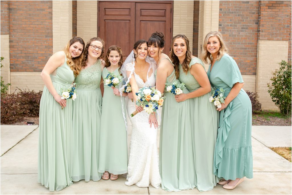 mint green dresses and wedding dress