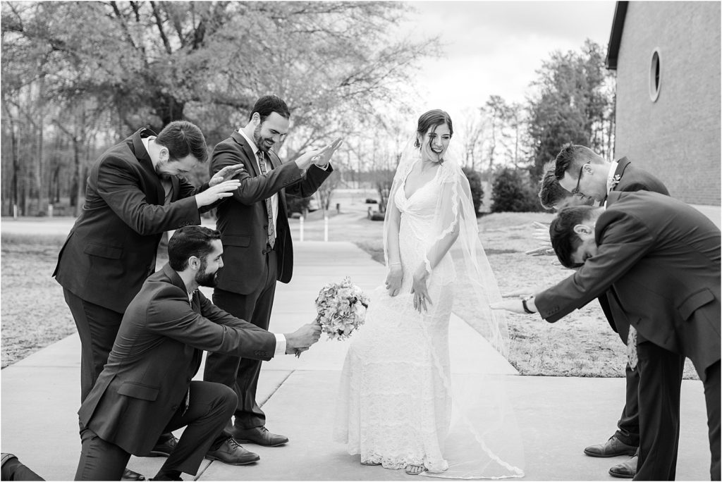 Men joke around with bride
