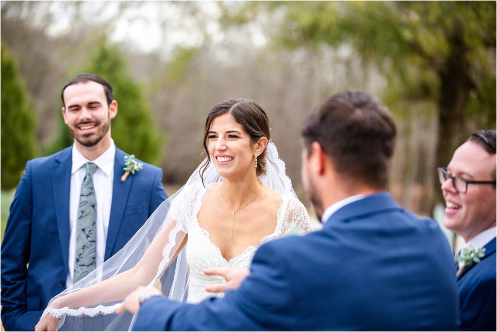 Bride laughing after wedding