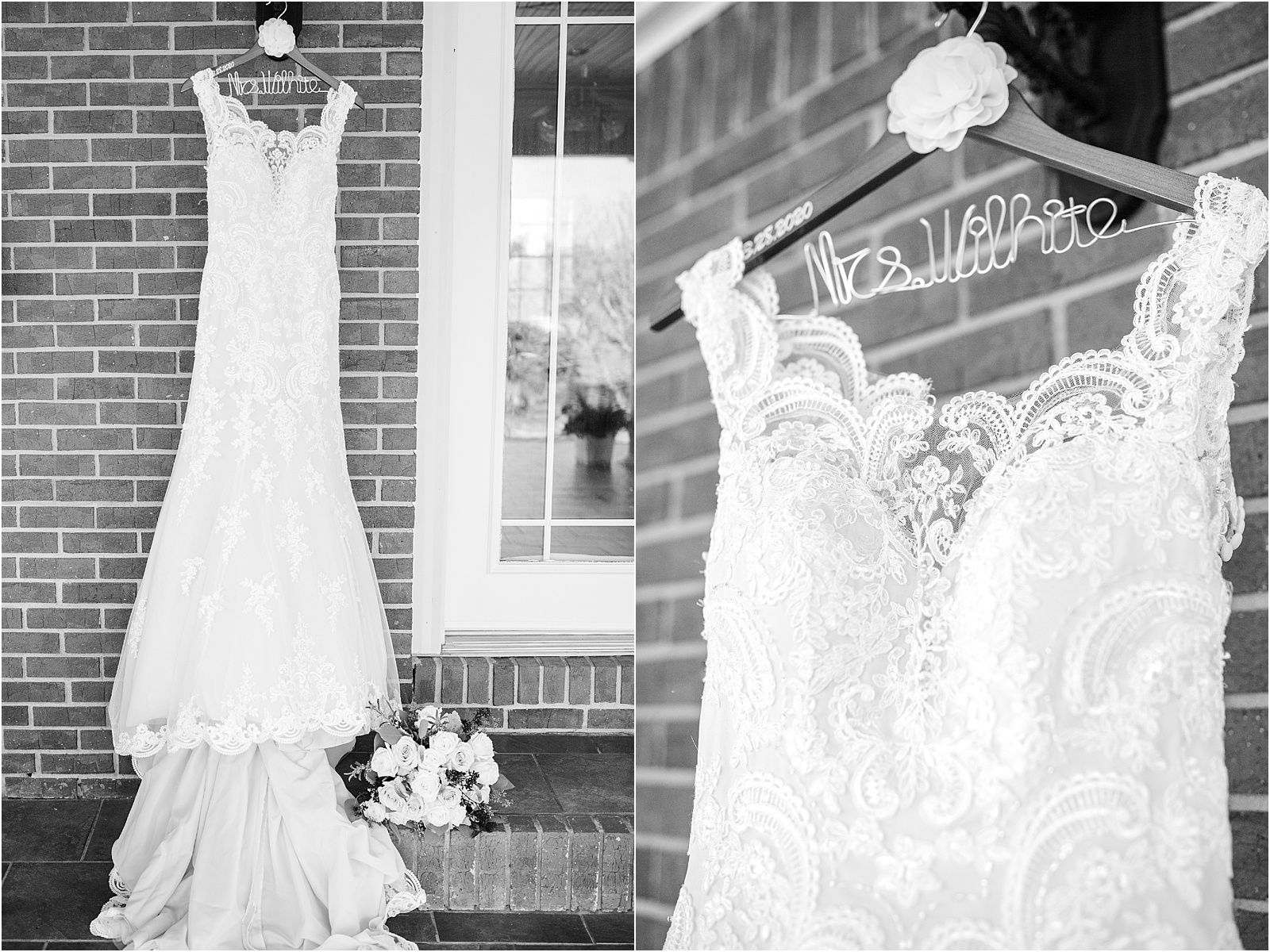 White wedding dress hanging on hanger