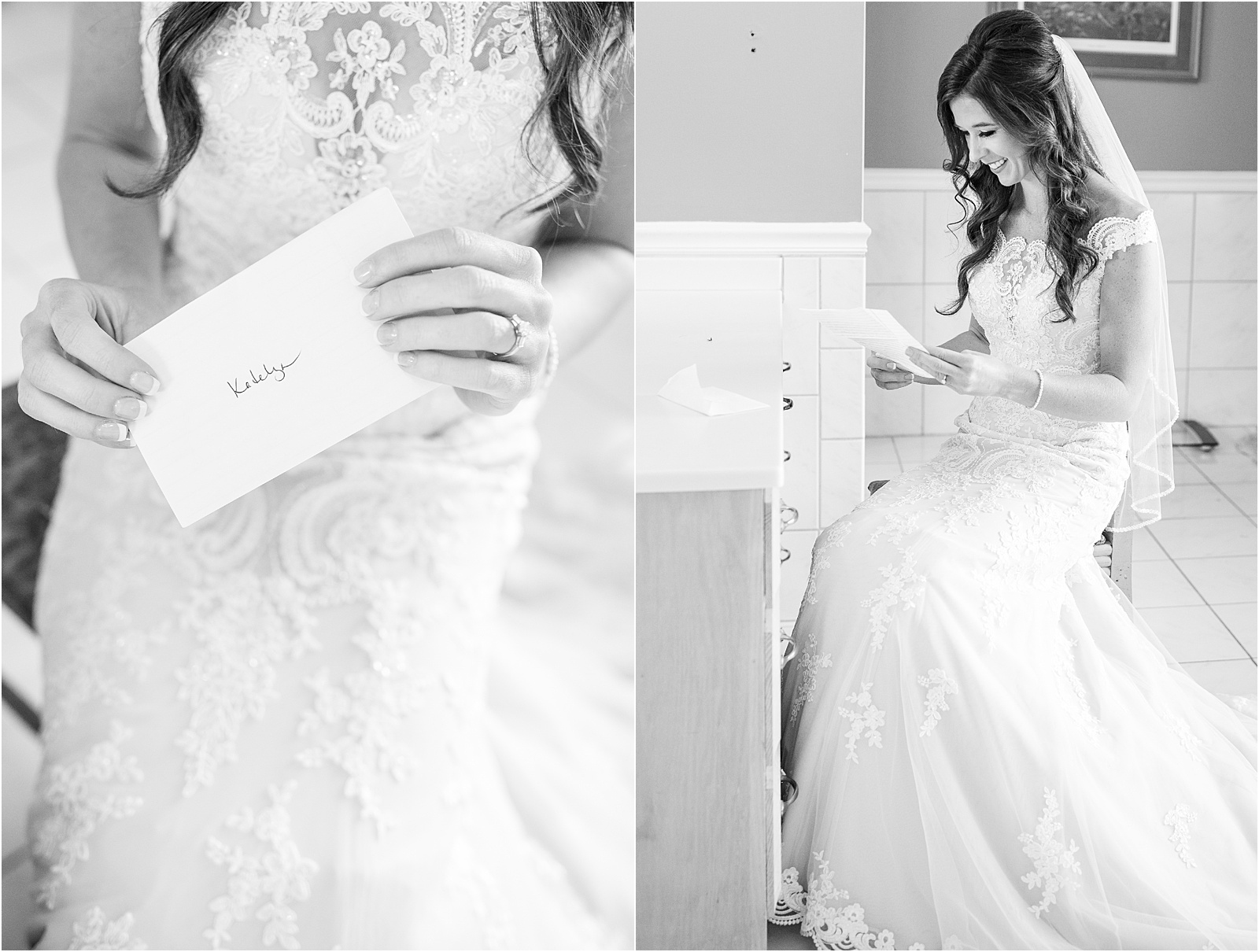 woman in wedding dress reads letter
