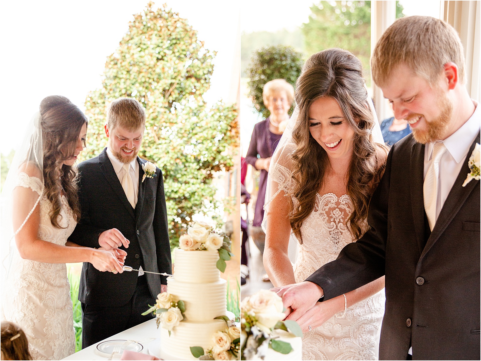 Couple cutting wedding cake in GA