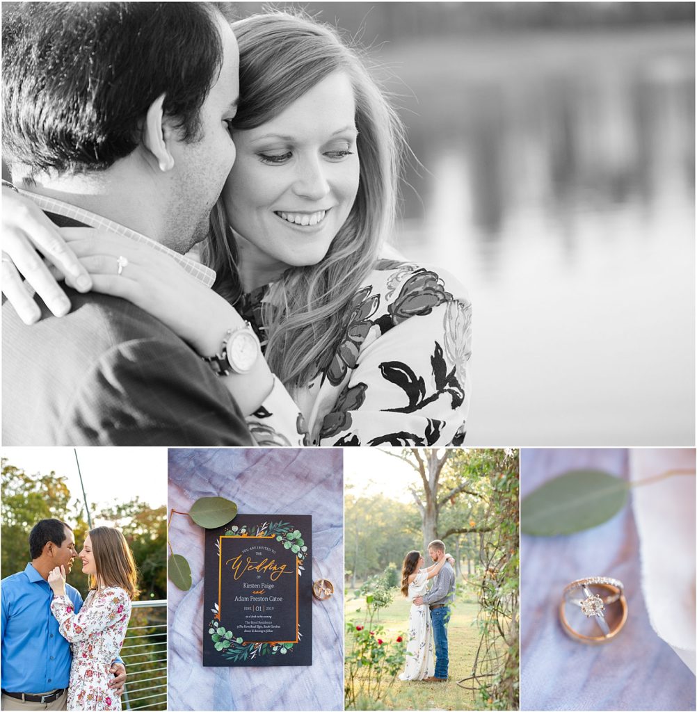 Collage of brides and grooms. Main picture is black and white with bride looking below the camera next to a lake 