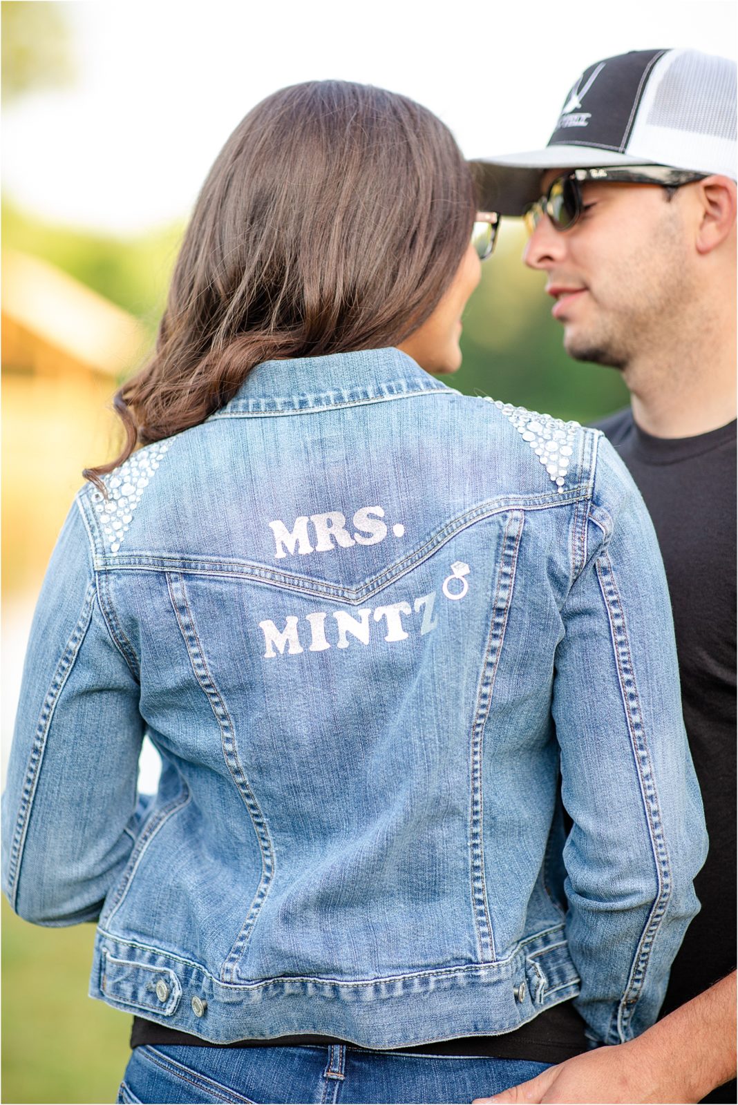 Blue Jean jacket on engaged woman for photos