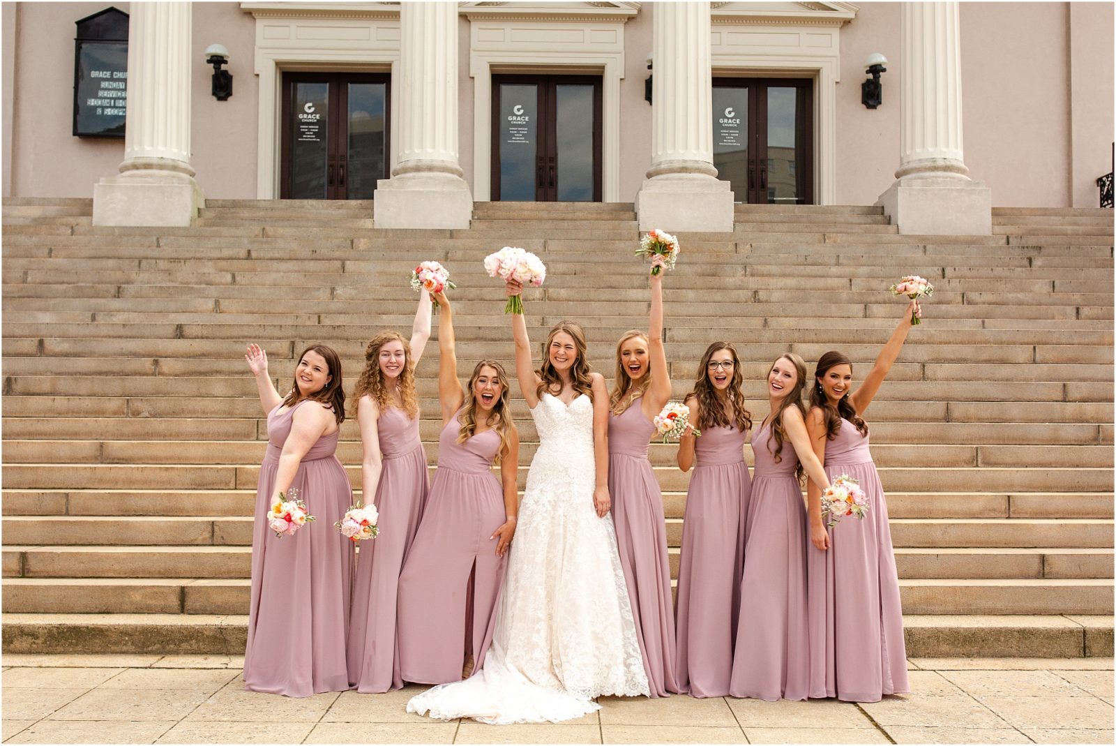 bride and friends pose for wedding pictures