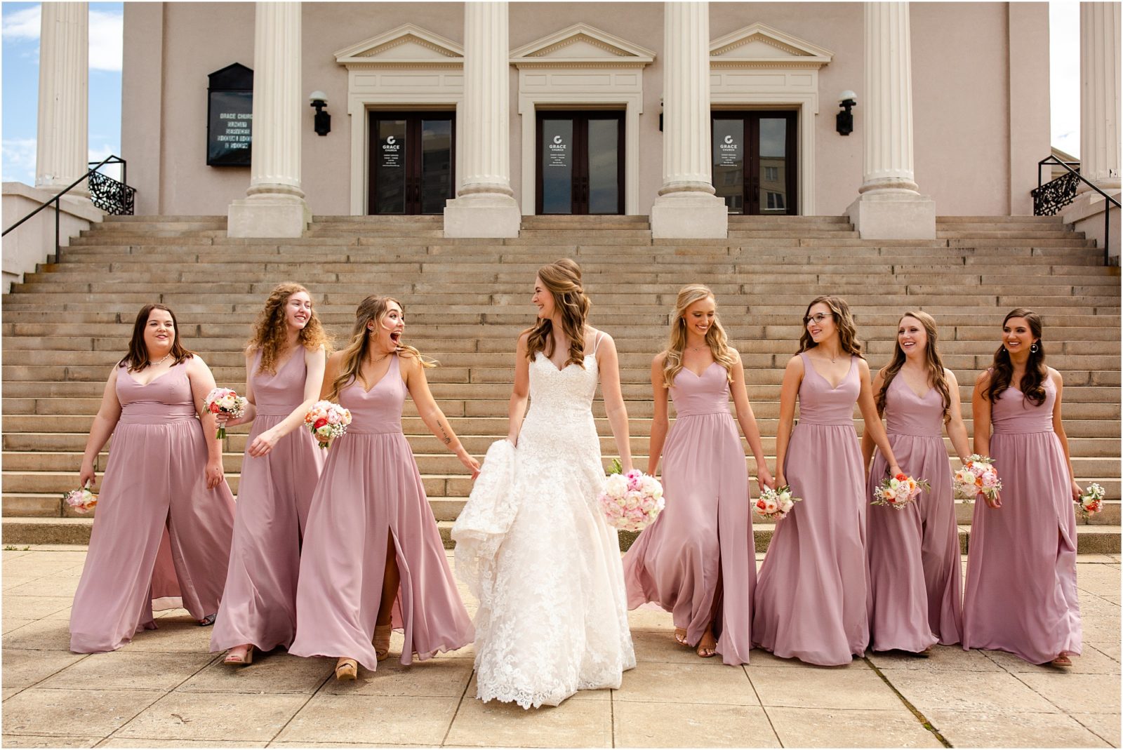bride walks with girlfriends in front of greenville sc