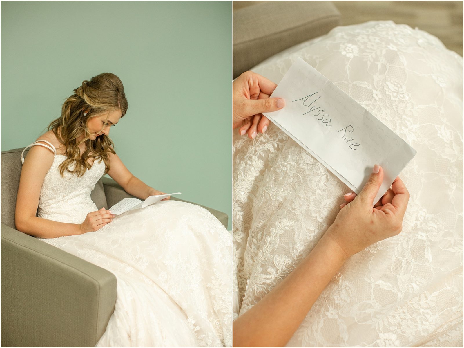 Bride in dress reads letter
