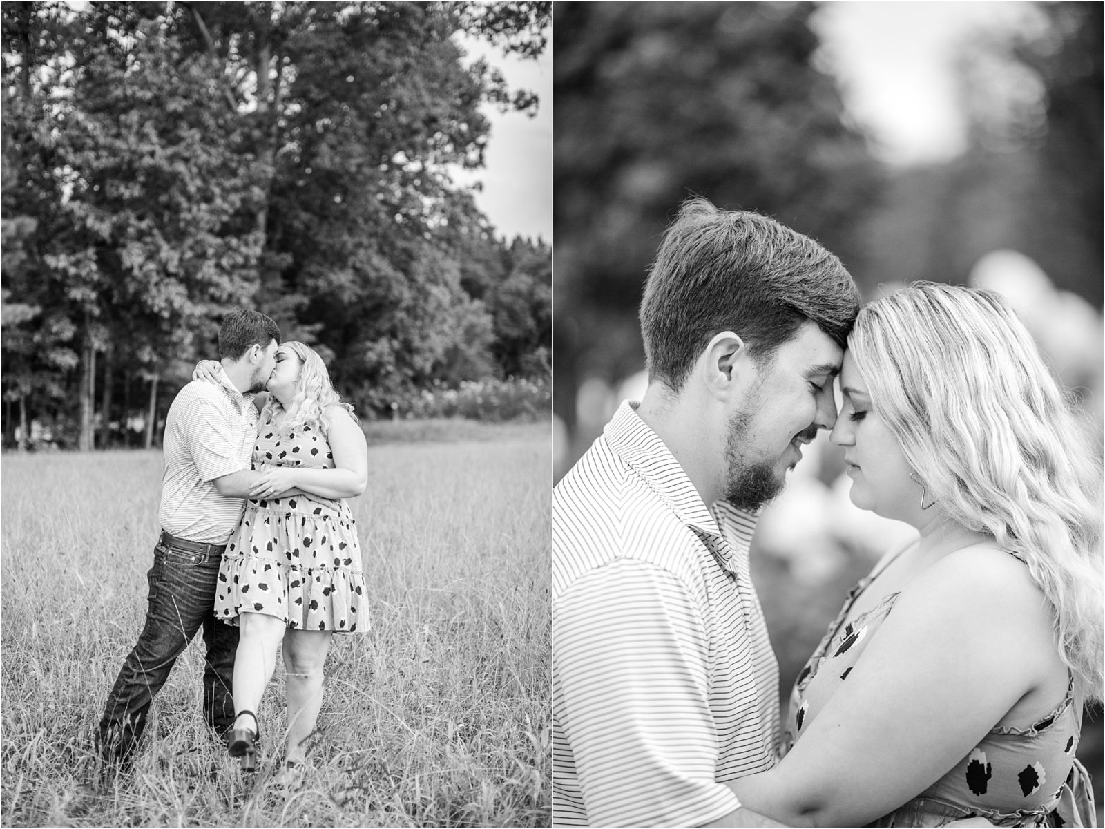 Engaged couple kissing in a field in Iva SC