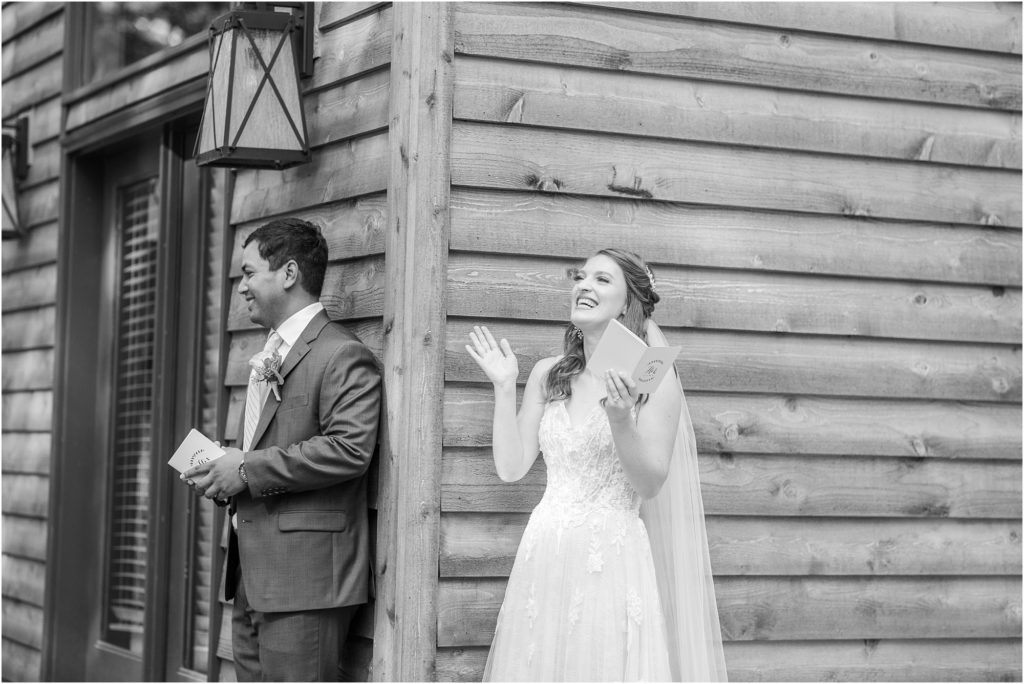 Couple reading letters before wedding