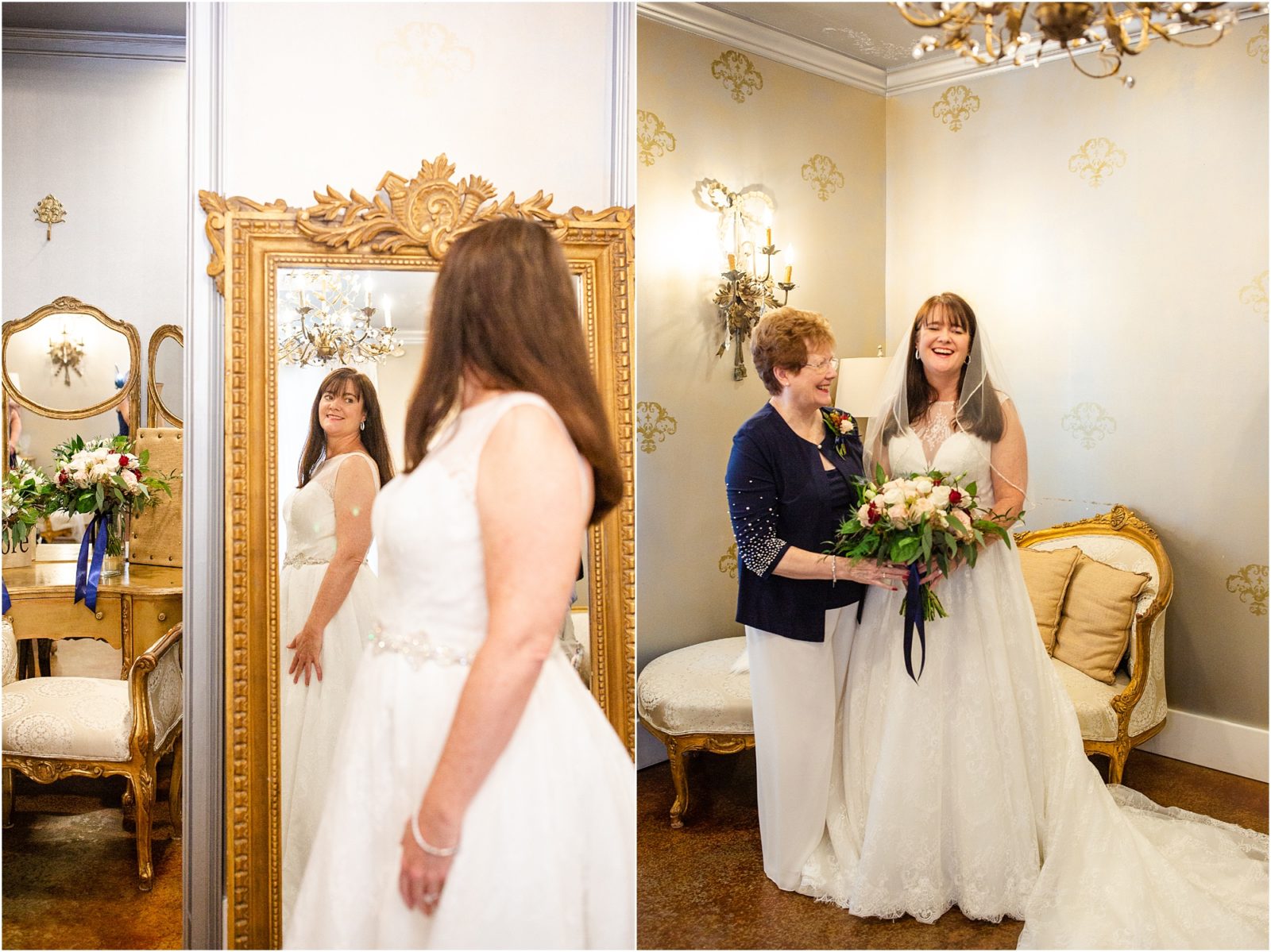 woman in wedding dress looking in mirror