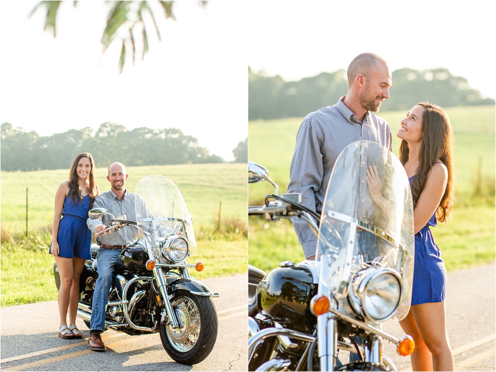 Couple in blue taking pictures next to motorcycle