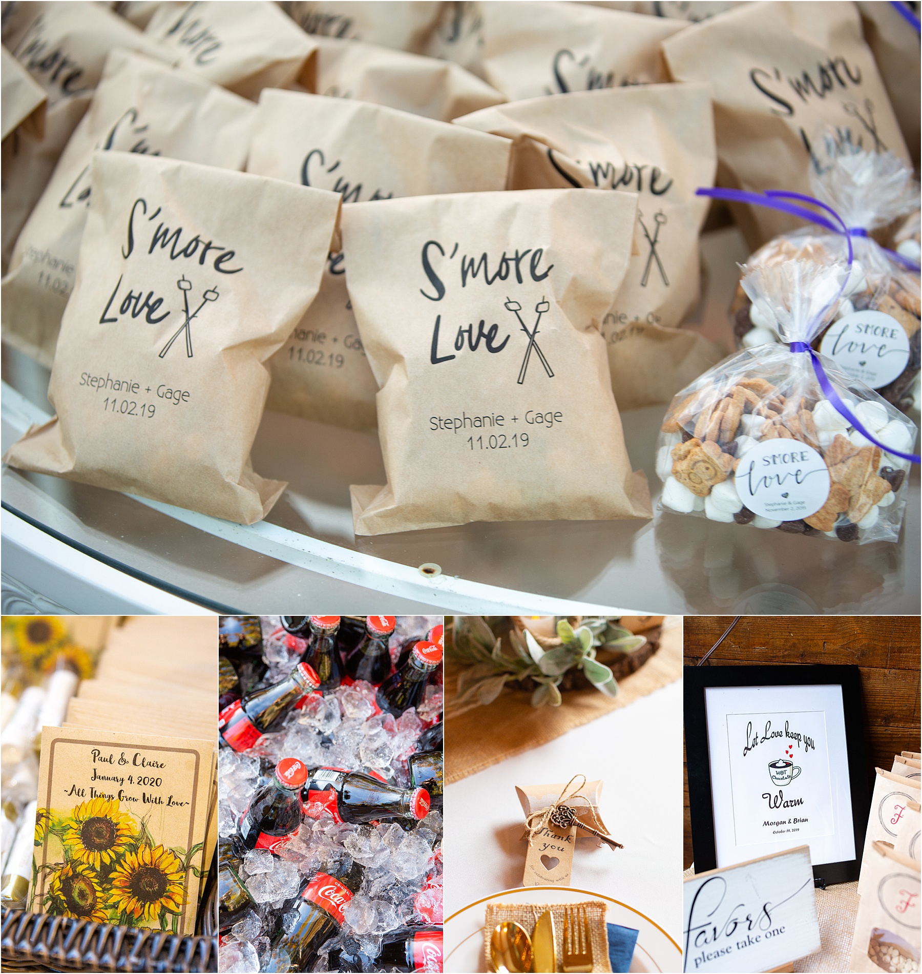 collage of wedding favors