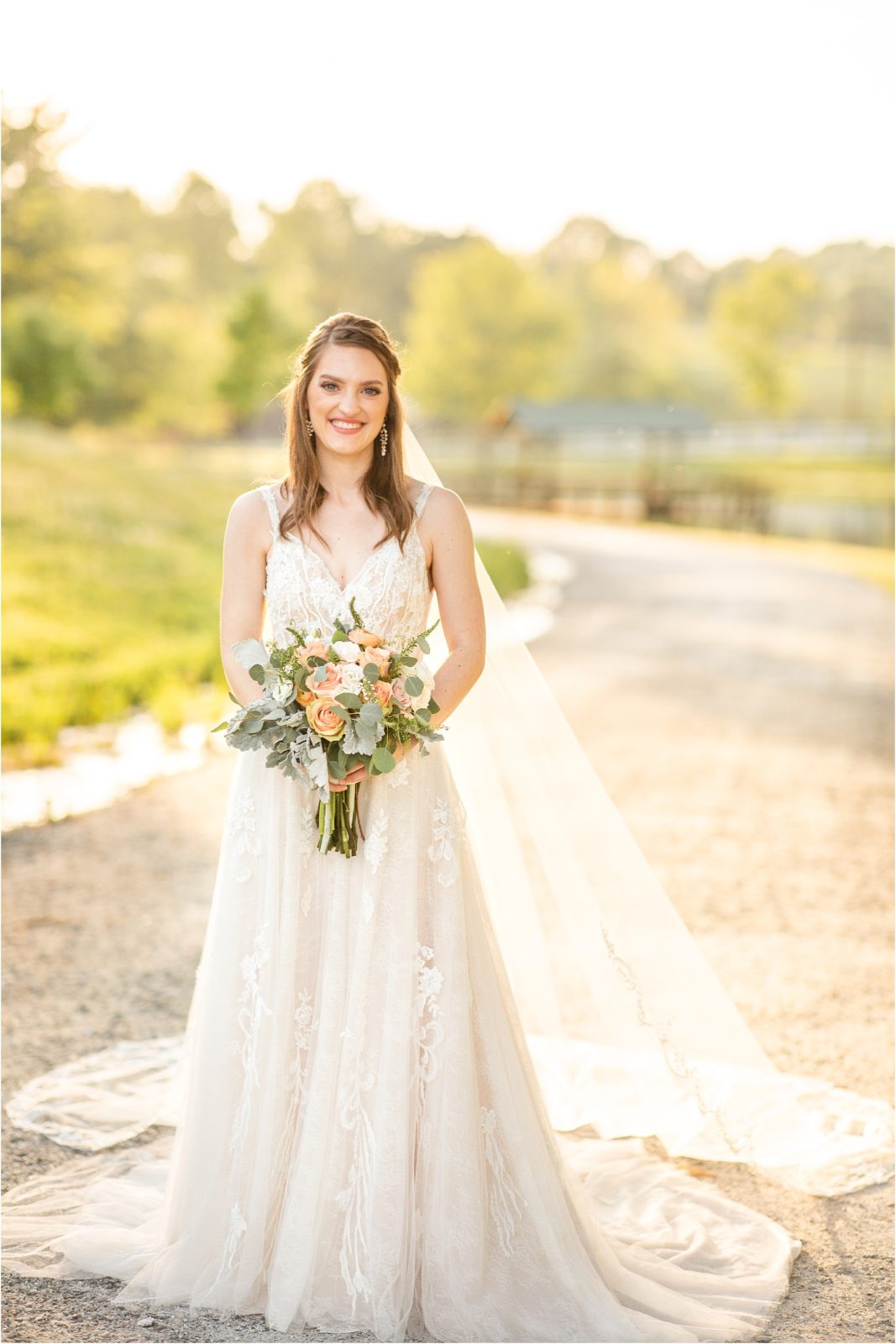 Sunset ranch bride holding flowers