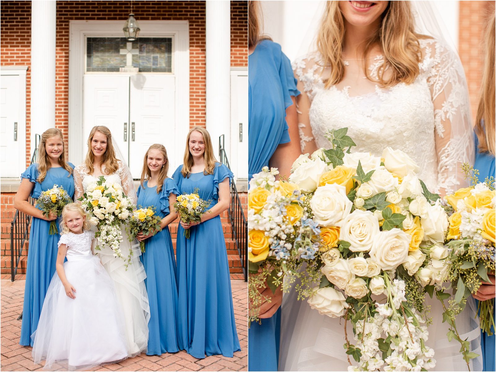 Bride stands with women in blue dresses