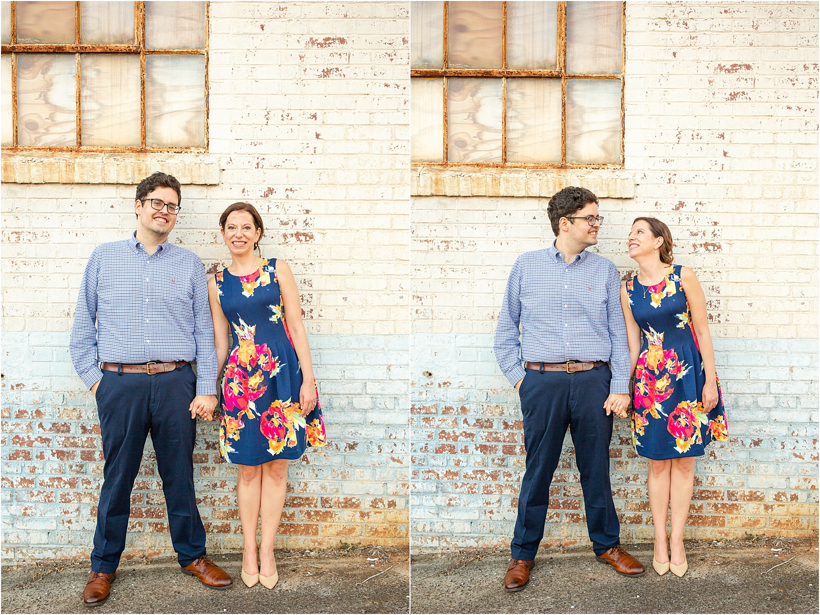 Engaged couple standing in front of brick wall holding hands