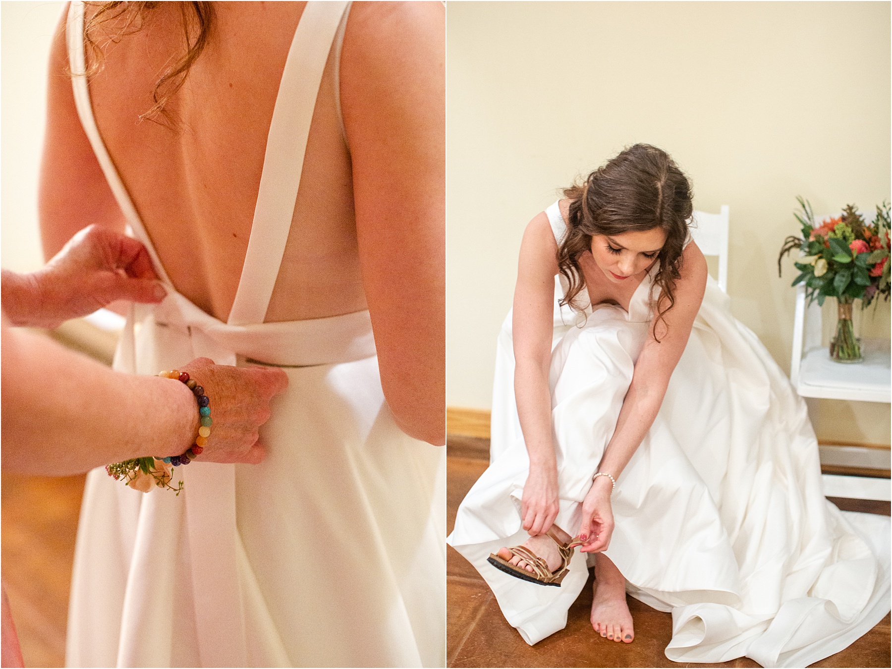 Woman puts on shoes under her wedding dress