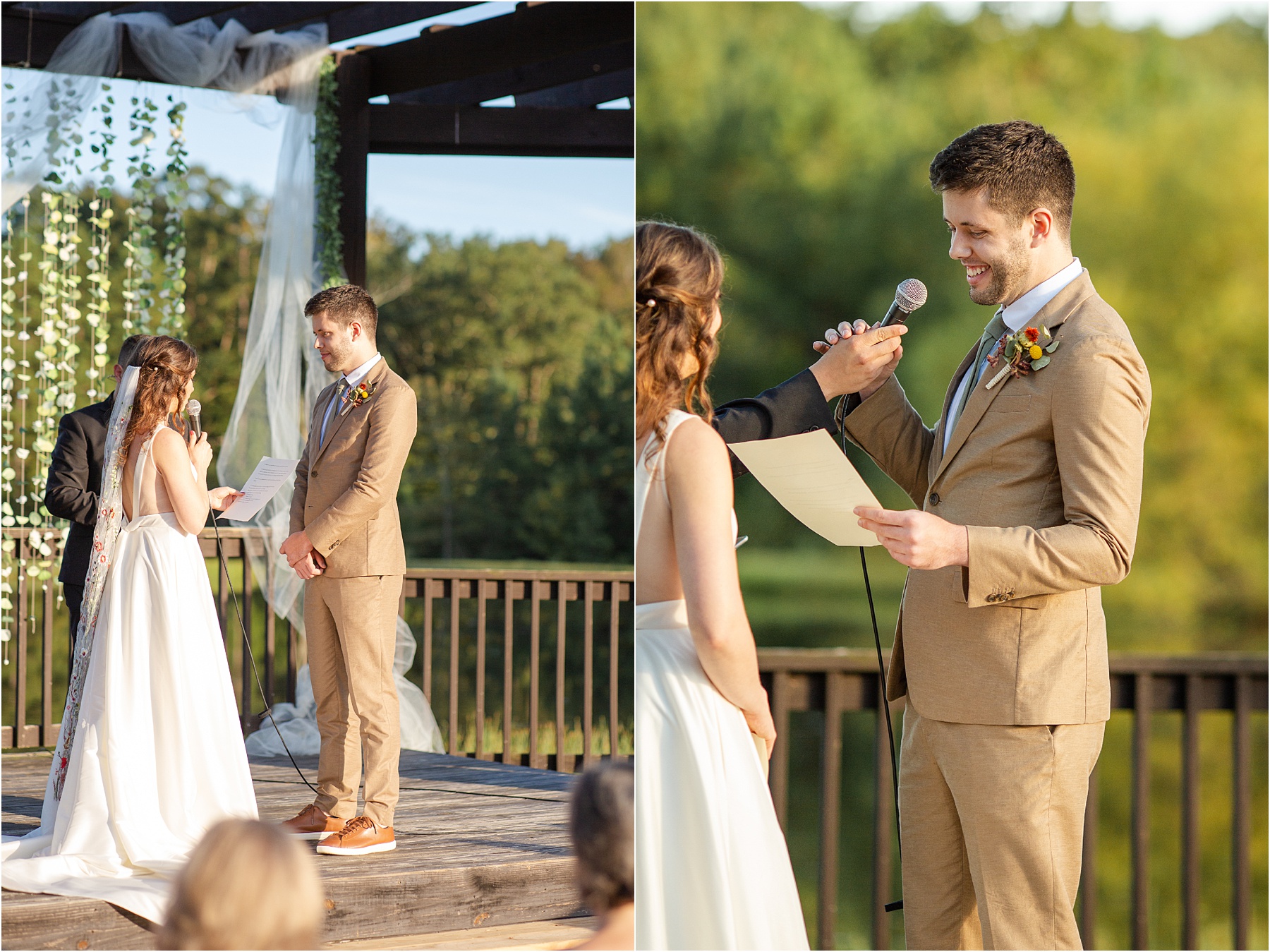 Groom holding microphone to give vows at his weding