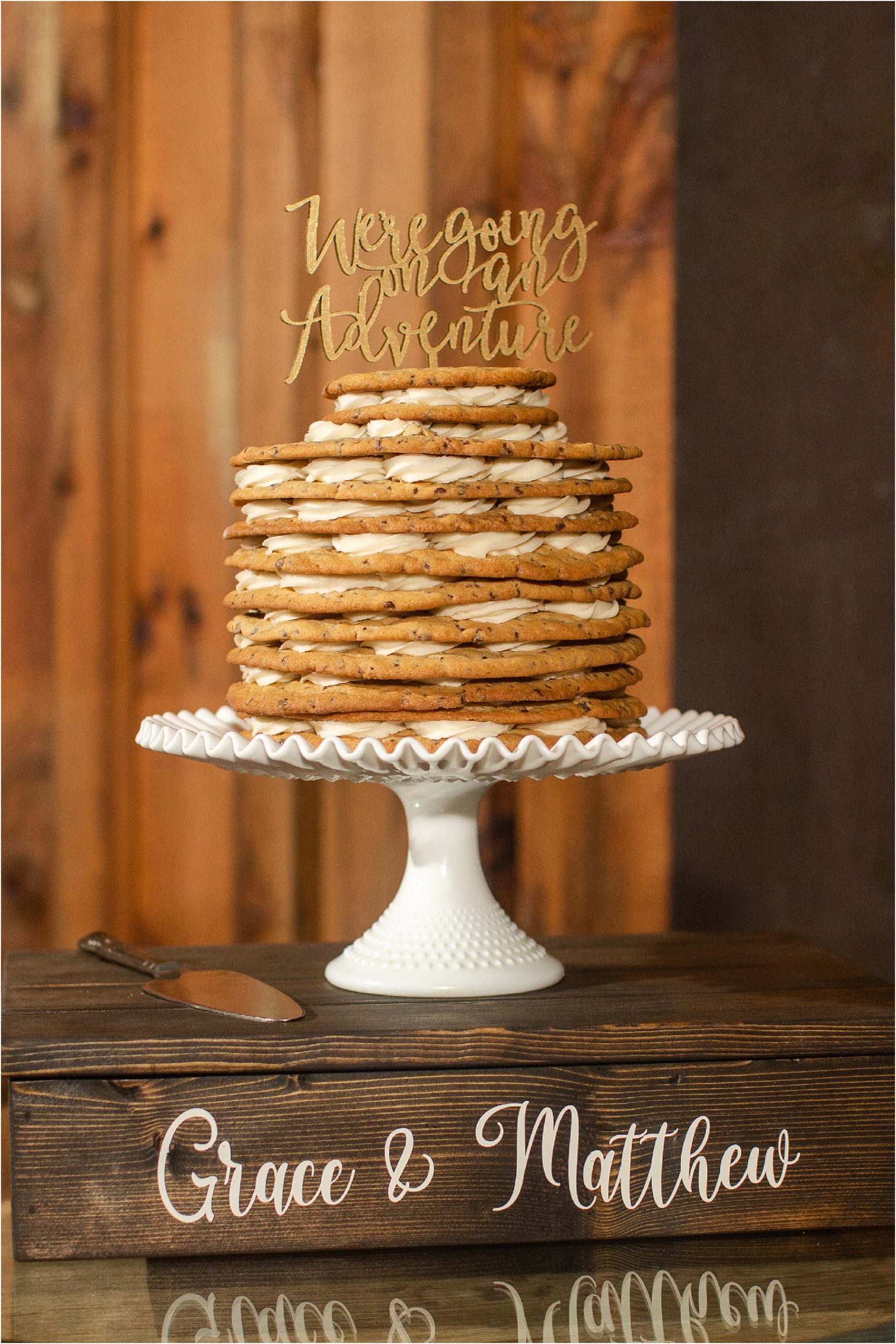 Wedding cookie cake on wooden platform