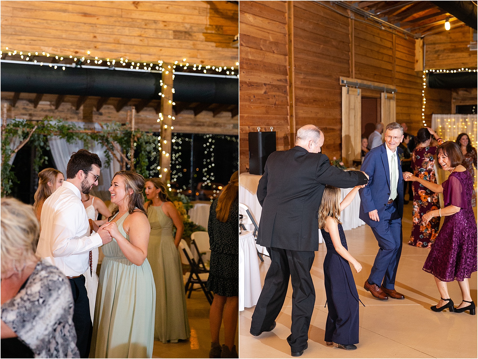 Wedding guests dancing at a barn venue in Anderson, SC