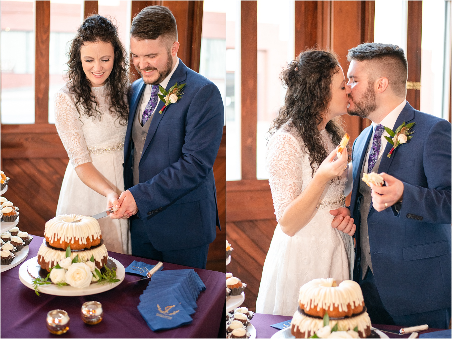 groom and bride holding knife together as they cut bundt wedding cake