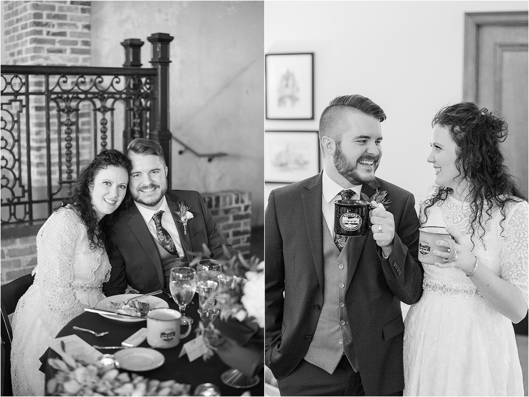 married couple looks at each other in wedding attire holding coffee mugs