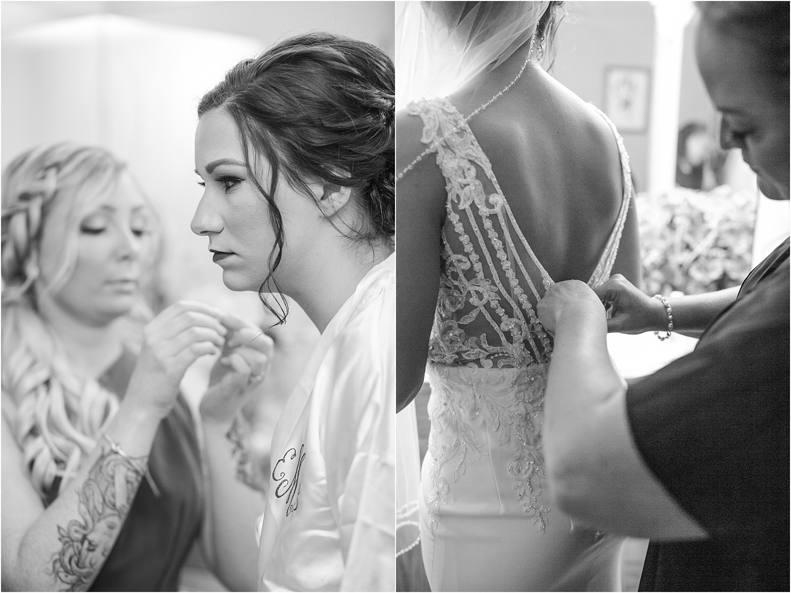Women helping a bride get into her dress
