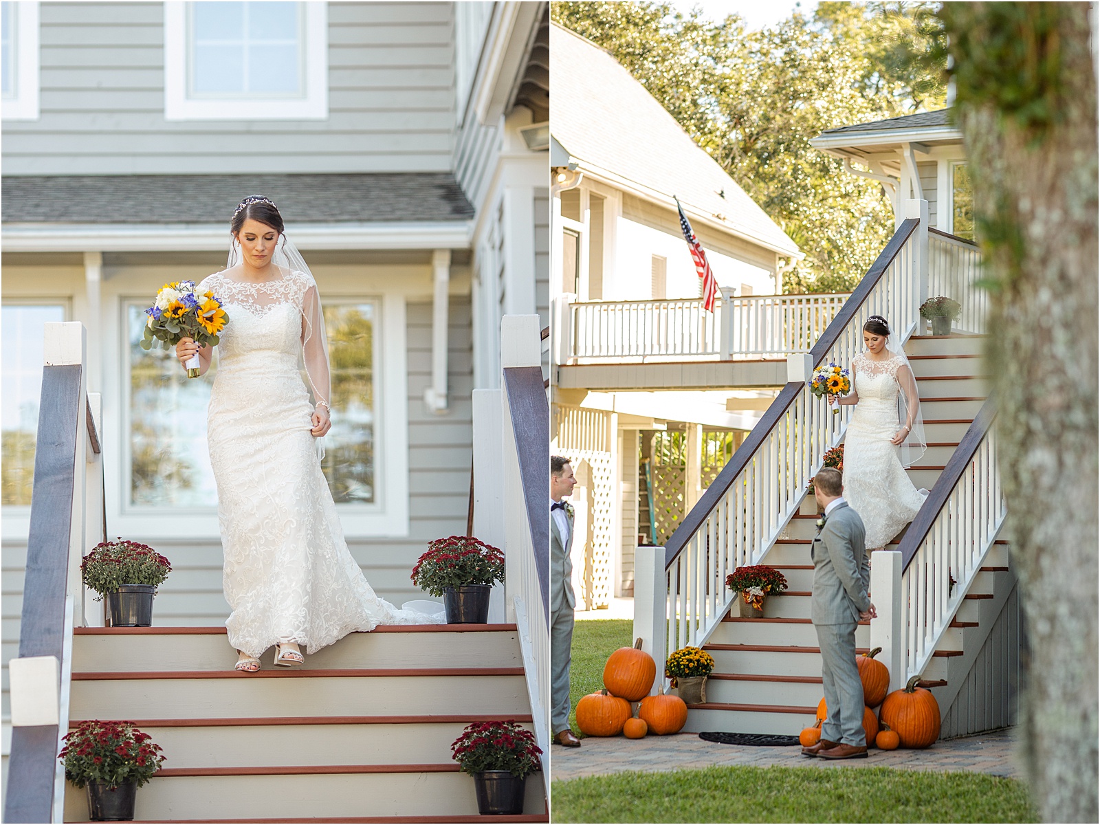 bride in bridal dress walking down the stairs of wedding venue