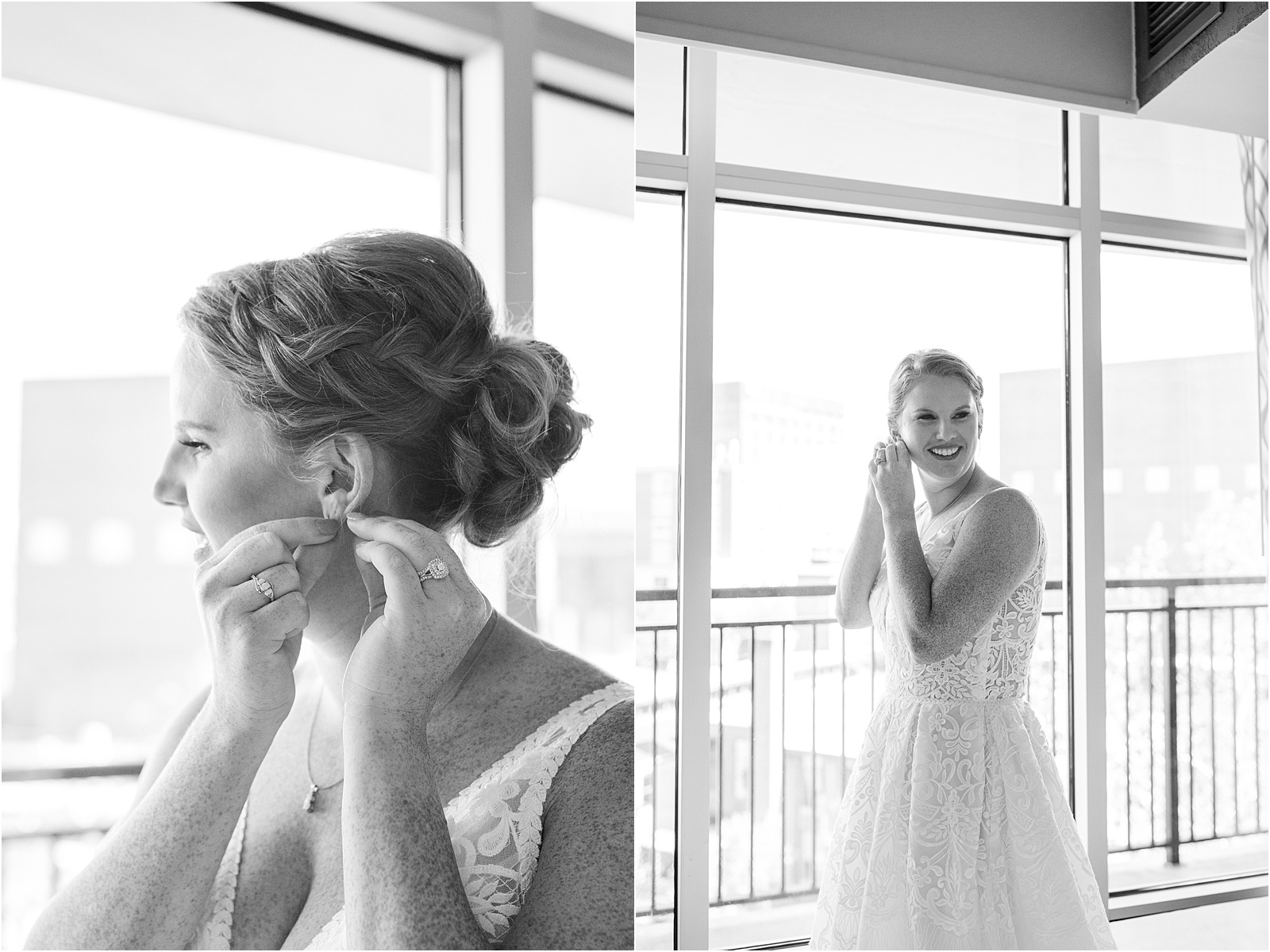 bride standing in front of window putting on earrings