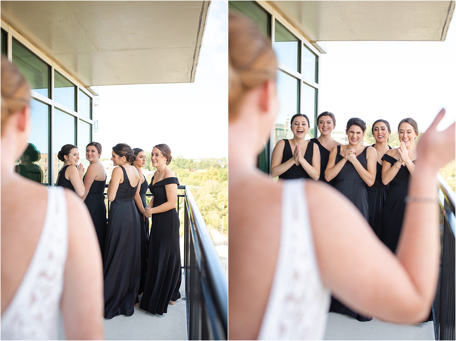 bridesmaids get a first look at the bride in her wedding dress