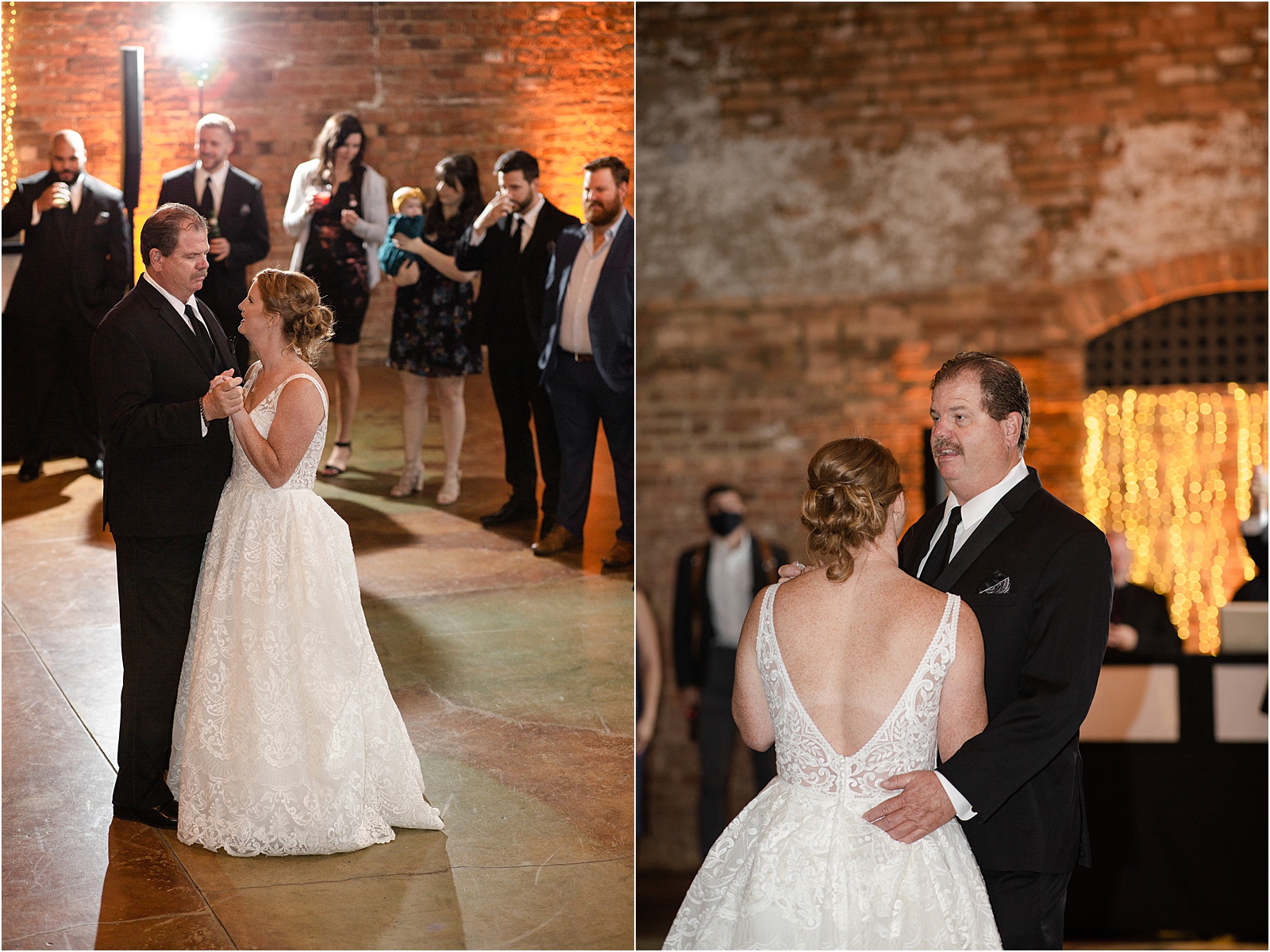 Just married bride dancing with her father in black tux at Old Cigar Warehouse