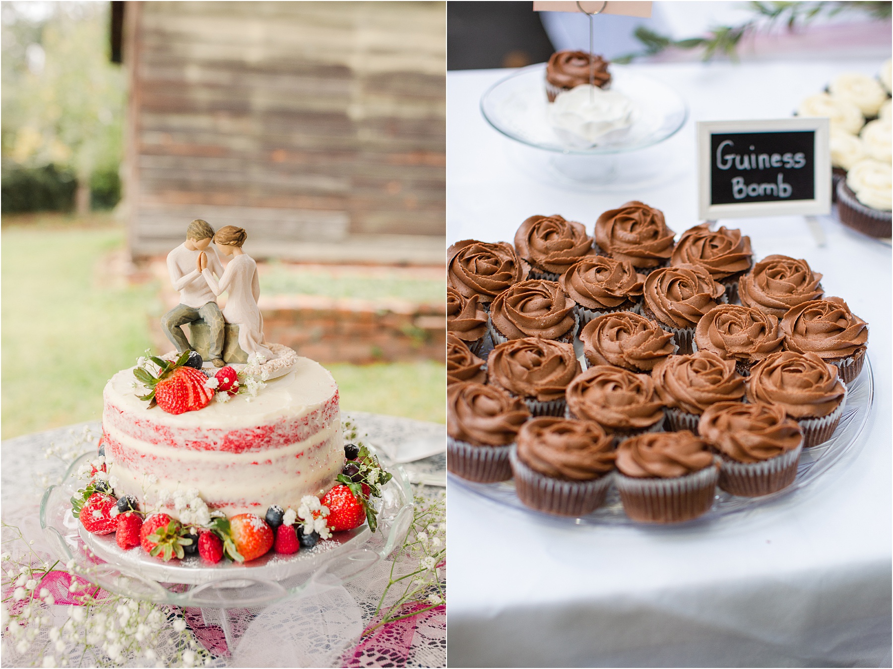 strawberry wedding cake and chocolate cupcakes before wedding reception in georgia