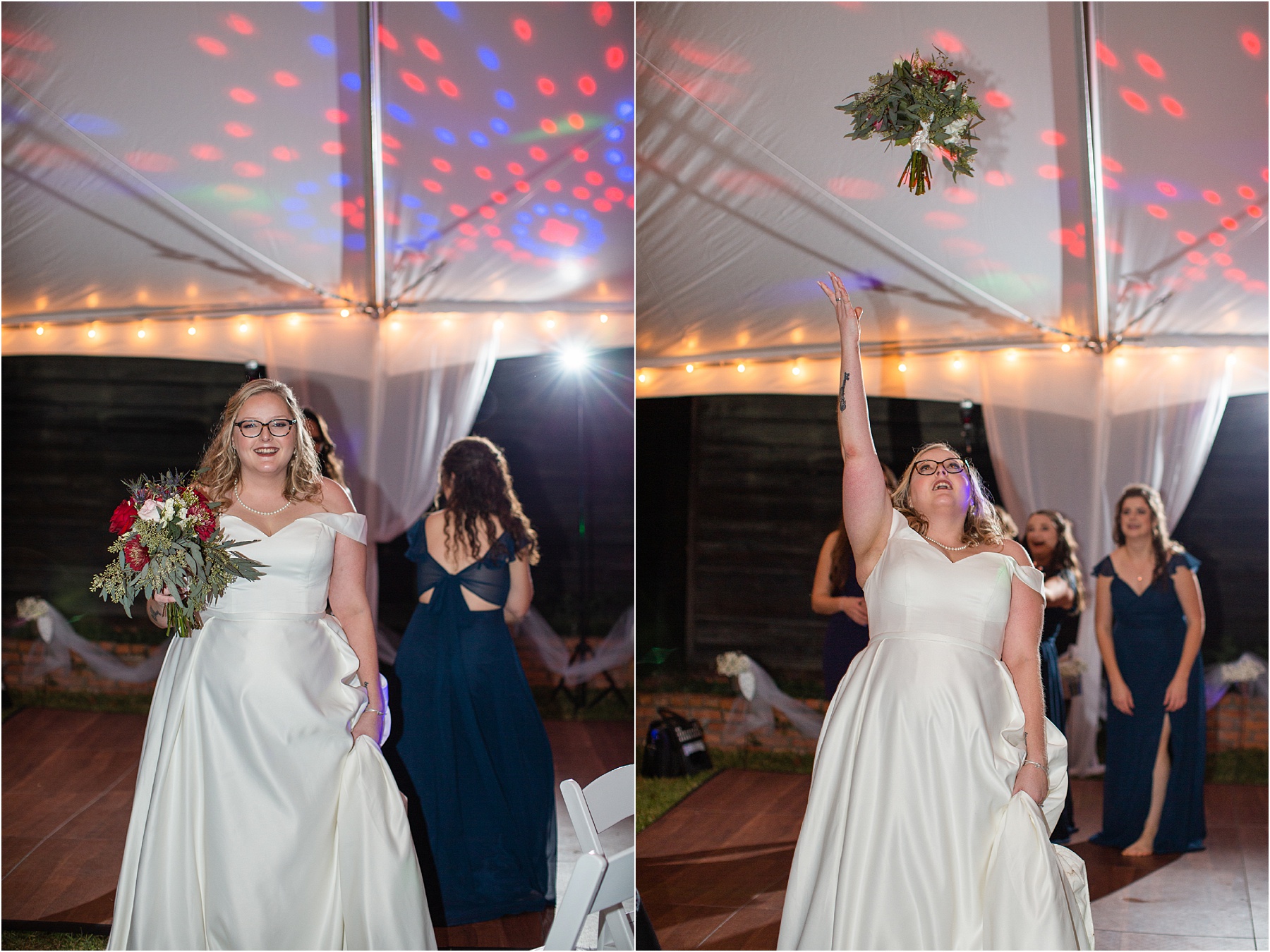 bride throws her flower bouquet over shoulder towards bridesmaids
