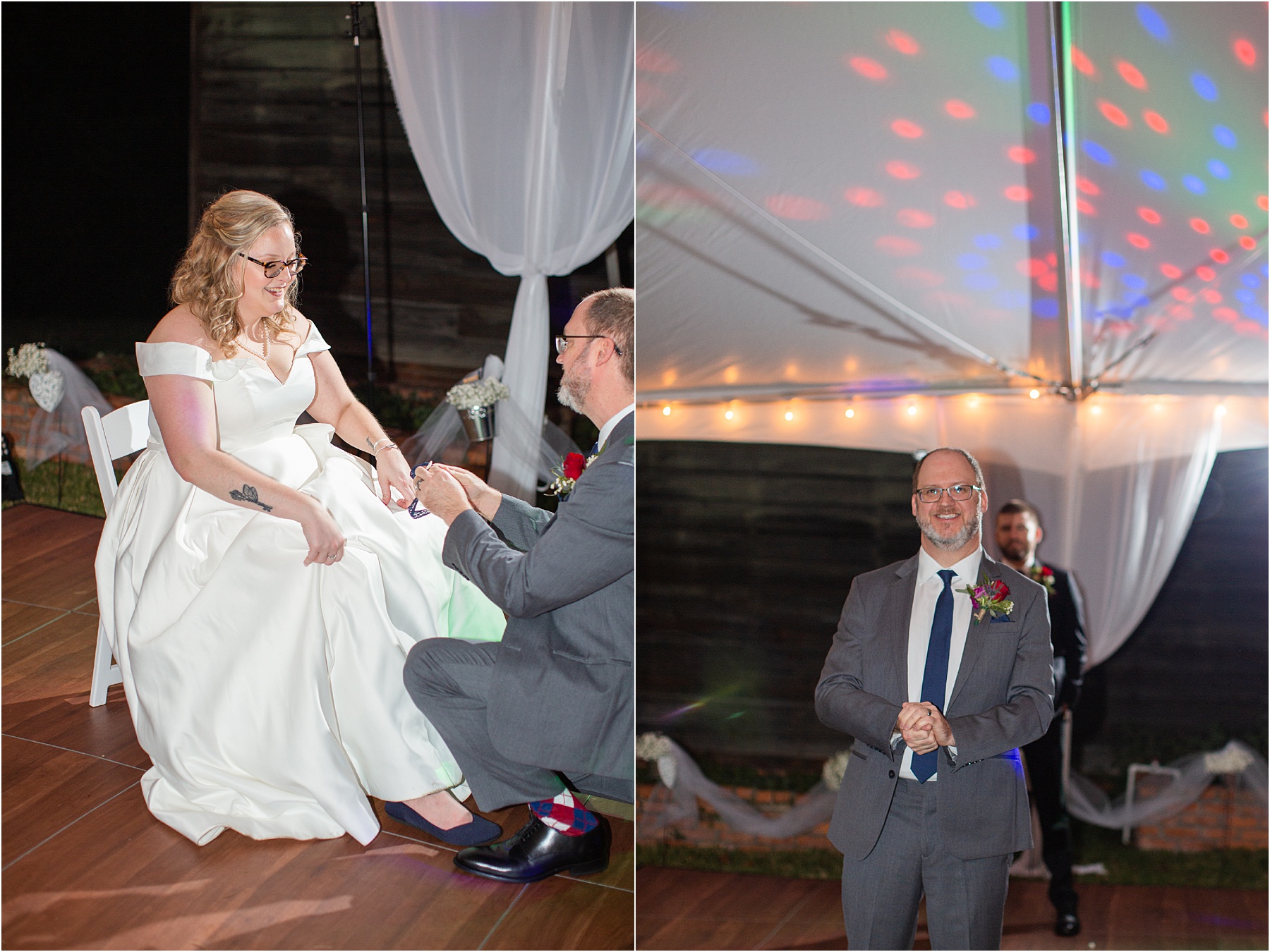 groom gets garter off of bride at wedding reception