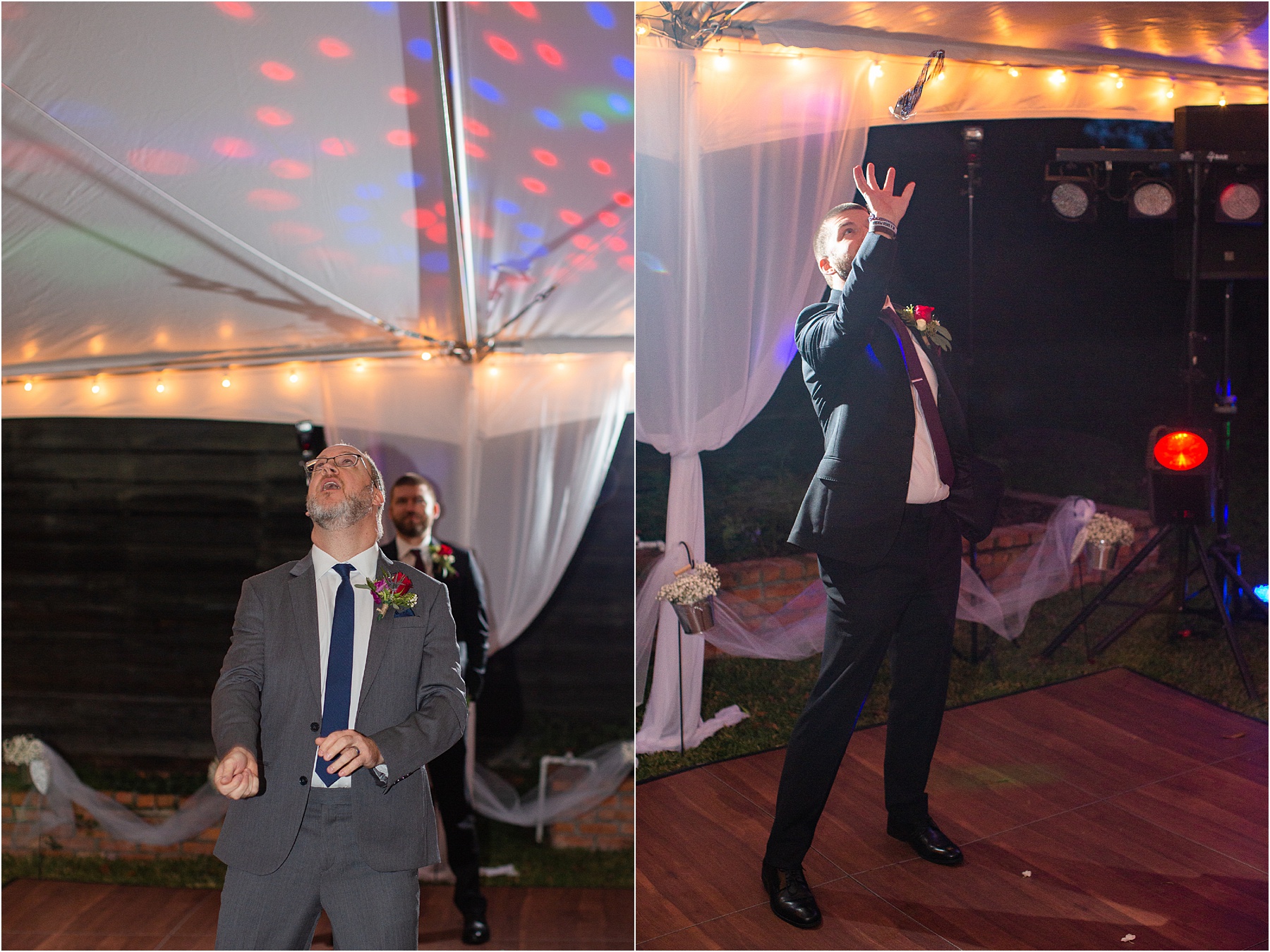 groomsman catches garter at wedding reception