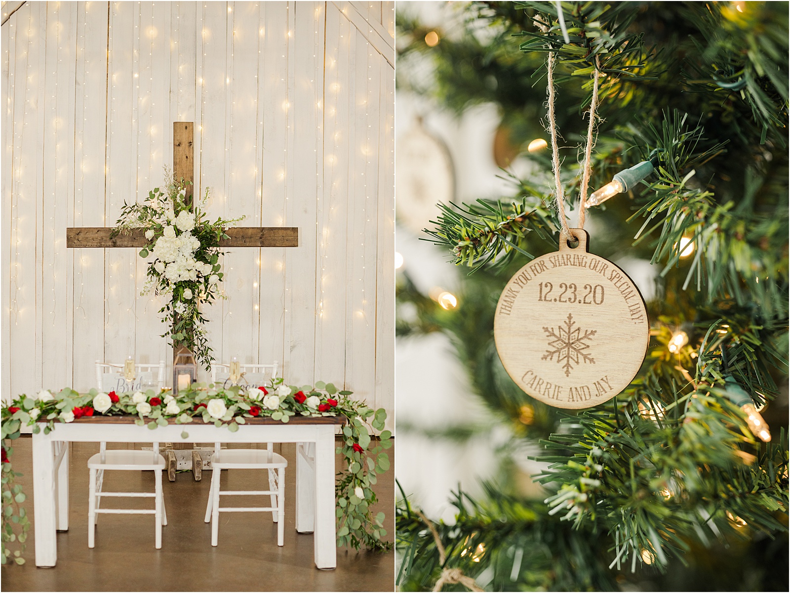 personalized wooden christmas ornaments hanging from a christmas tree as wedding favors