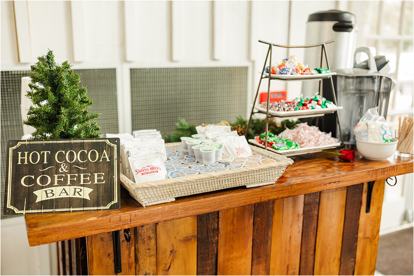Coffee and hot cocoa bar at a wedding reception