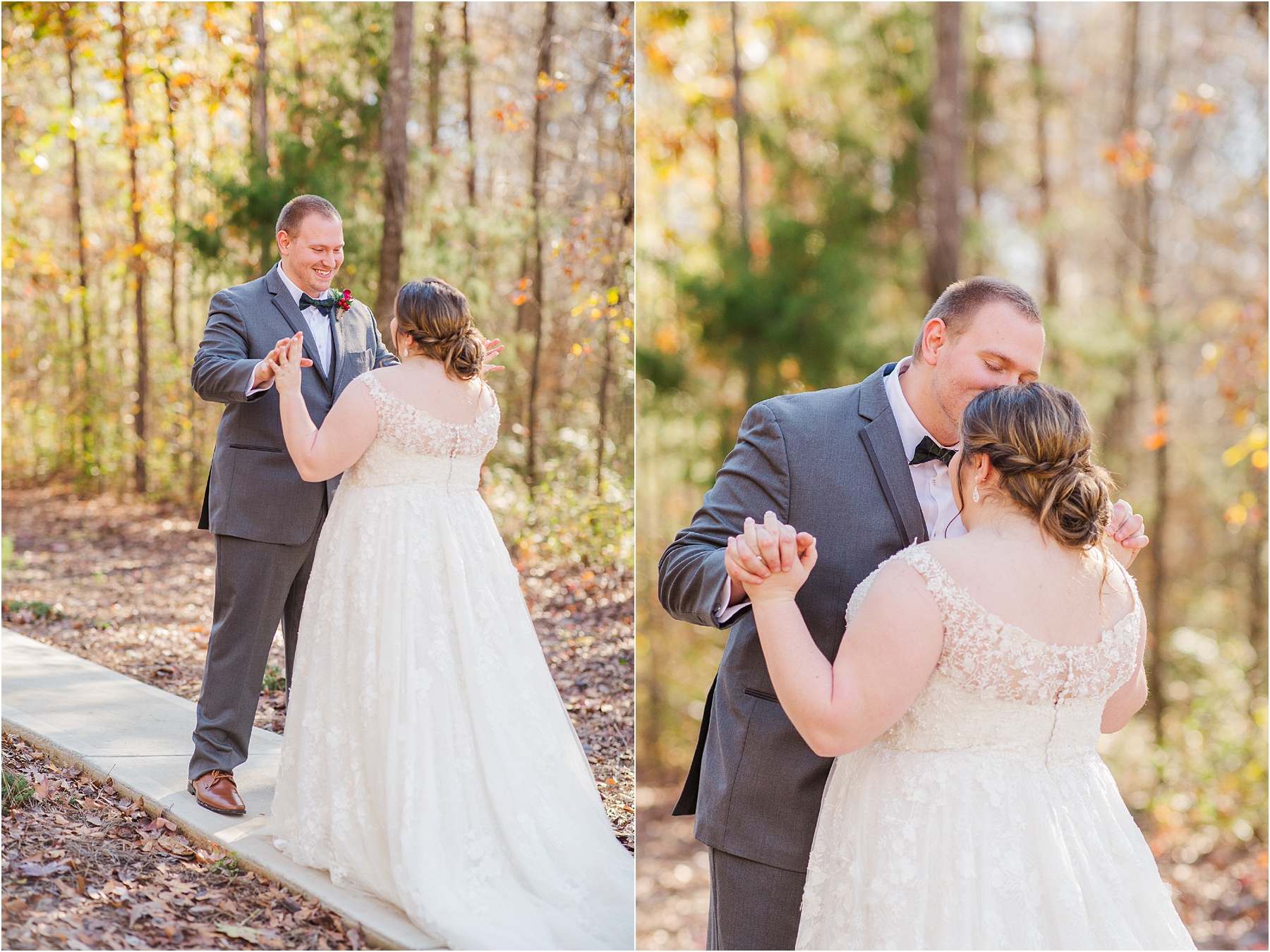 groom and bride share a first look on a pathway in the woods