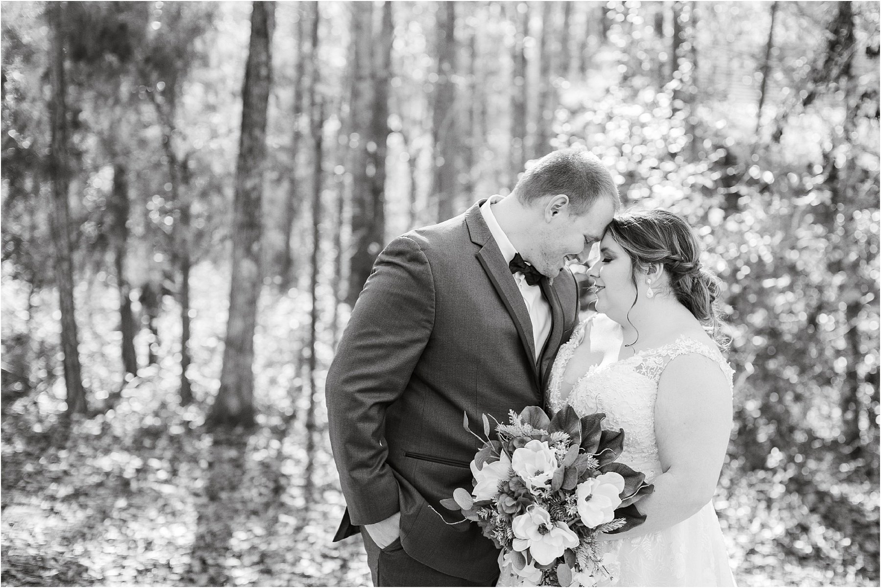 husband and wife after wedding in the woods