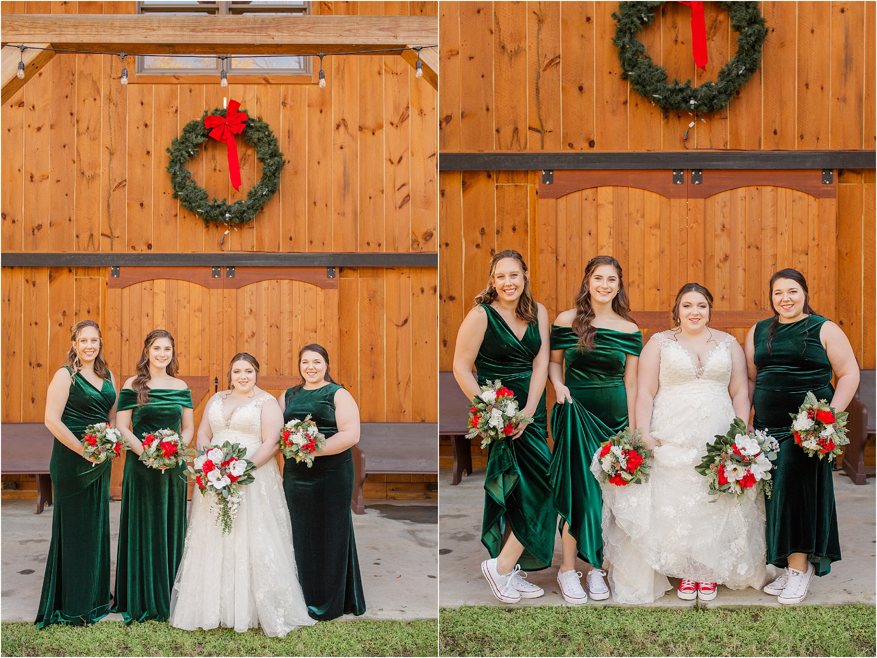 bride and bridesmaids showing off tennis shoes under dress