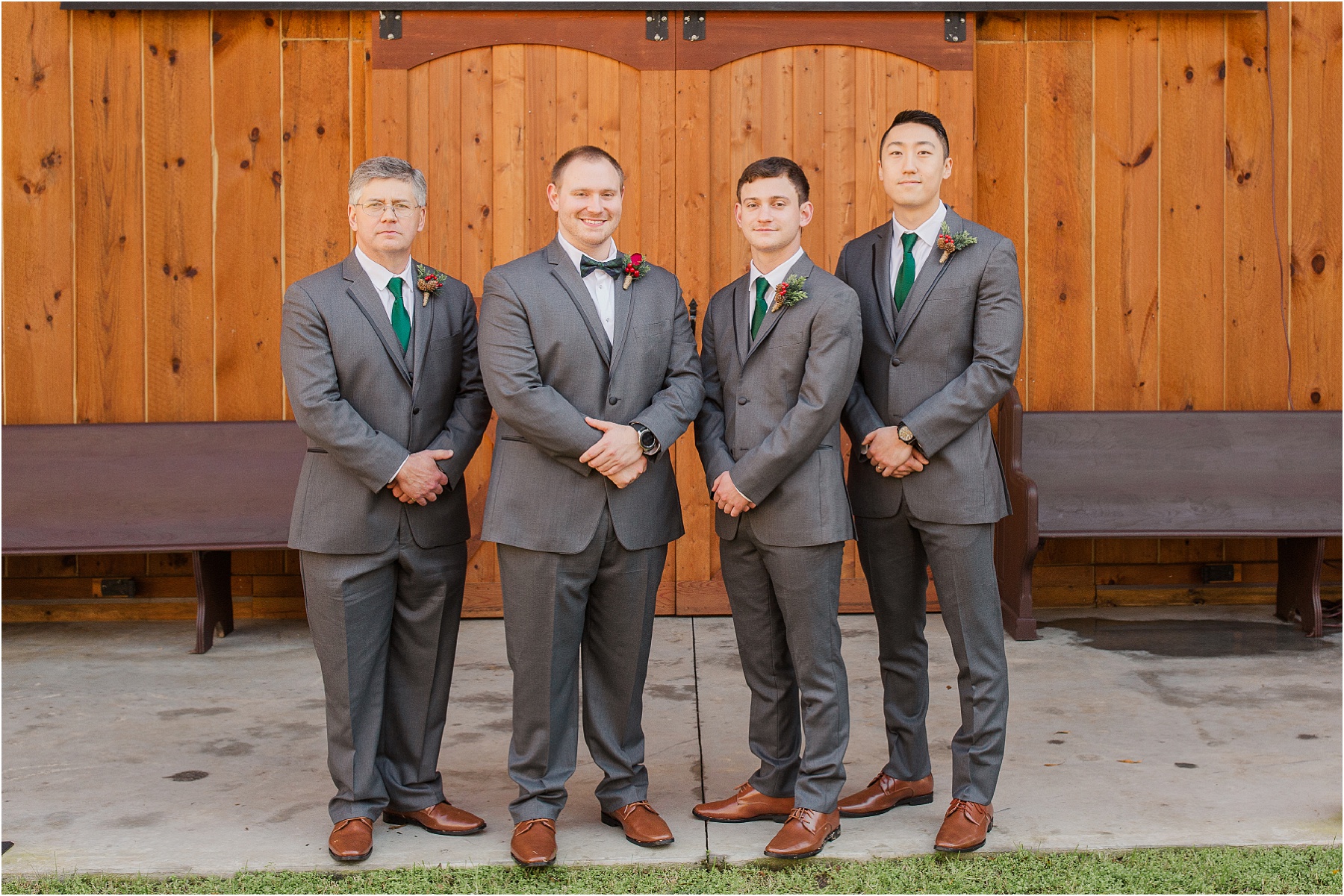 Four groomsmen with groom in grey suits in Greenwood SC