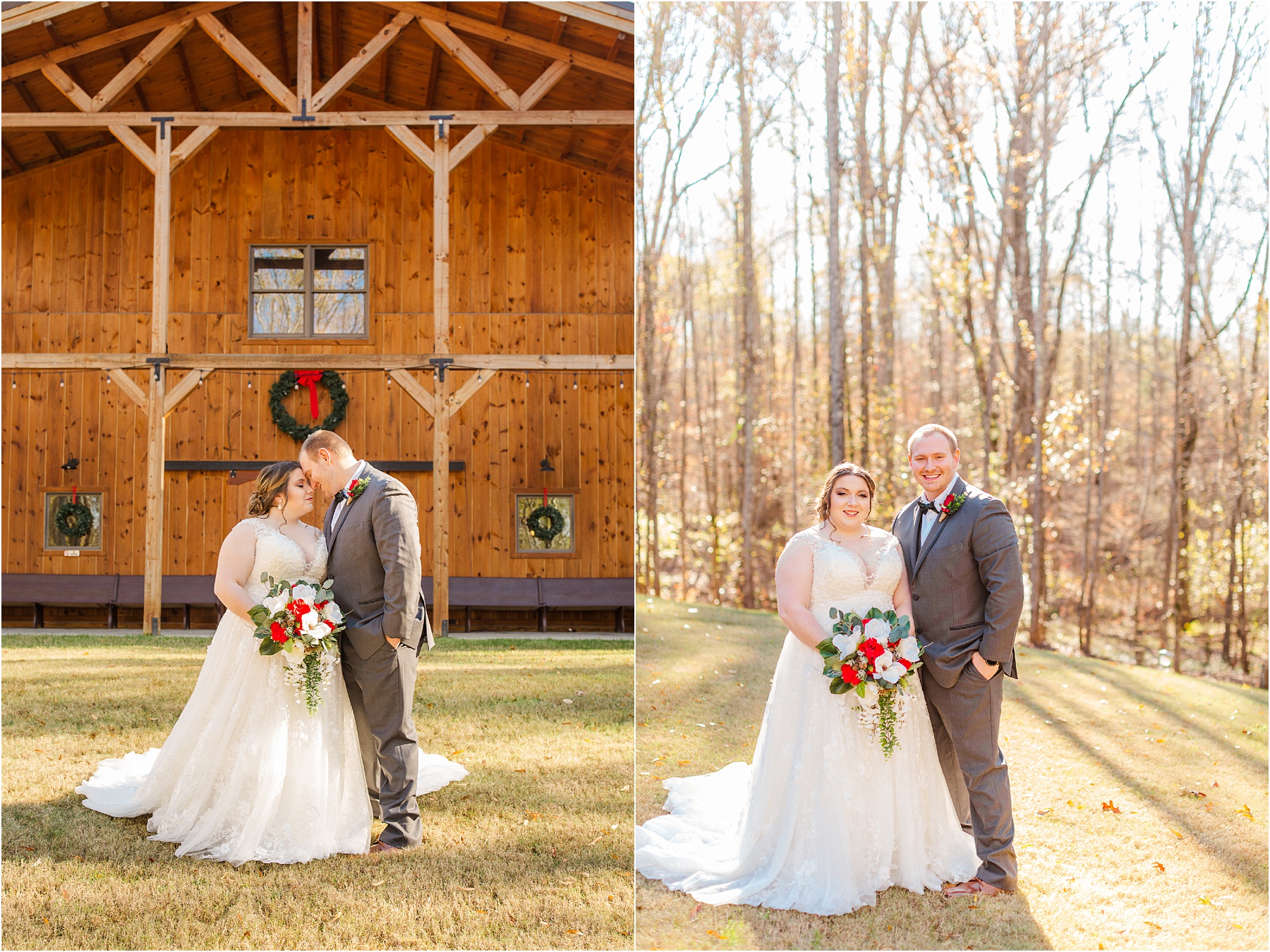 bride and groom in front of a wooden barn in Greenville SC