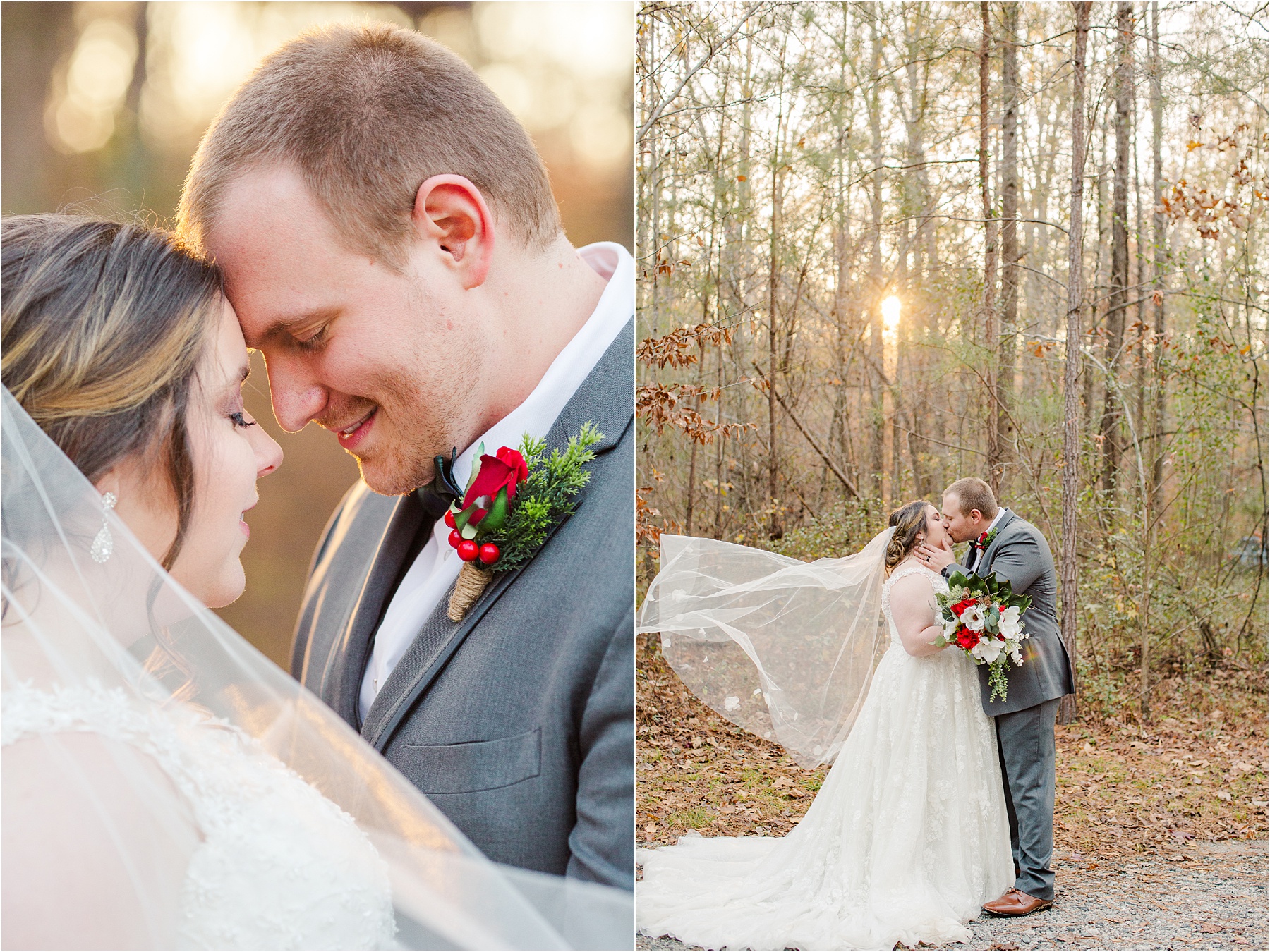 just married couple kissing with sun coming through trees