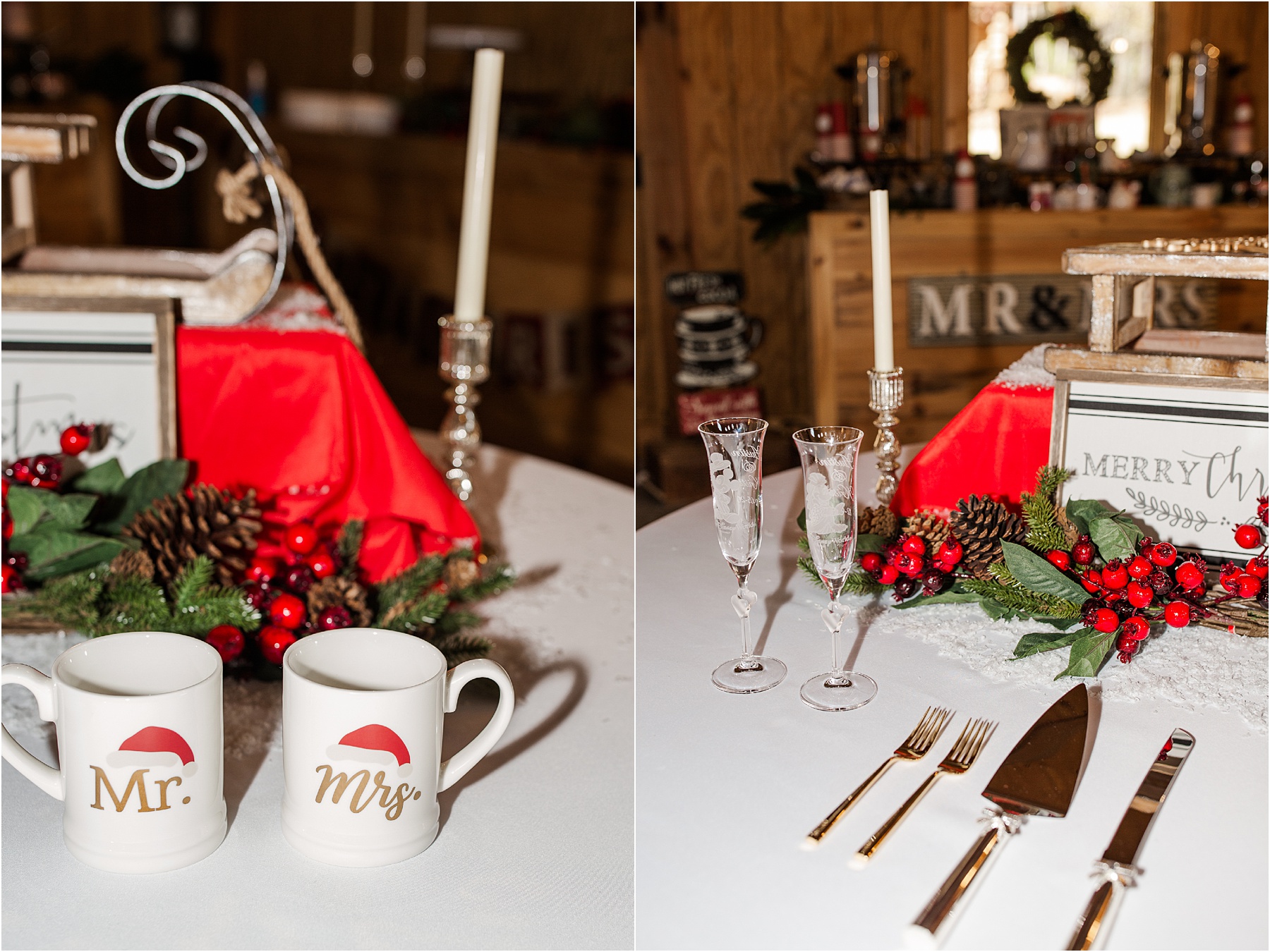 Christmas place setting decorations at a wedding reception