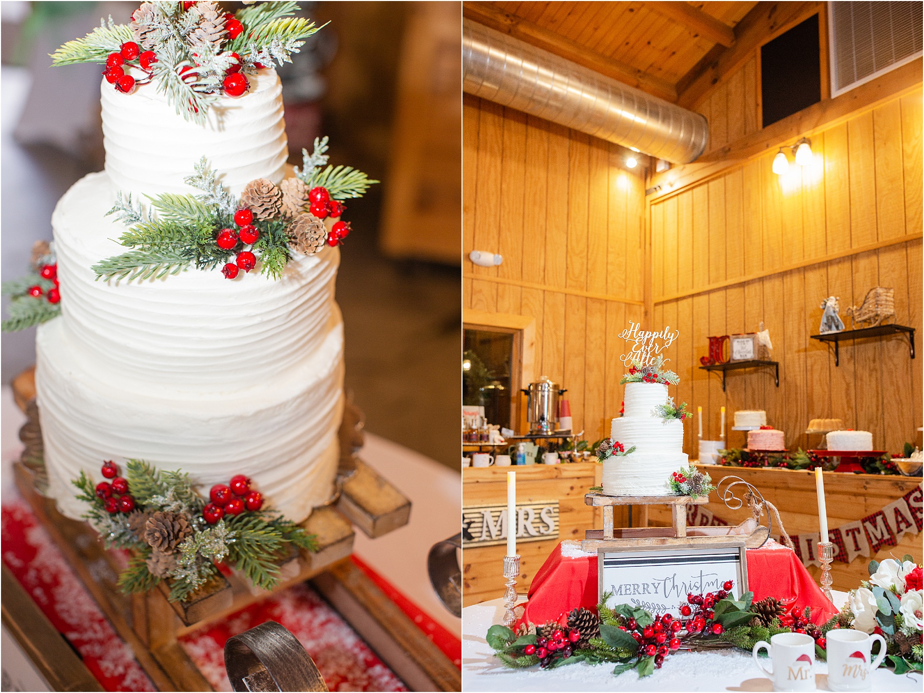 Christmas wedding cake with pinecones and holly berries